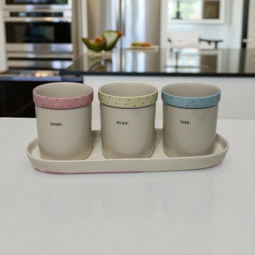 Rae Dunn 4 pc Set - Knife Spoon Fork Canisters on Platter